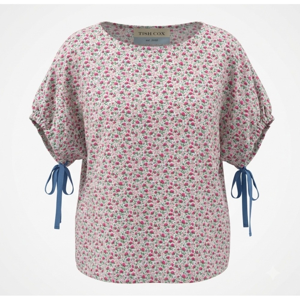 Tish Cox Emma Floral Top Cotton Boxy Pink Blue Boatneck Ribbon Ties Size S‎